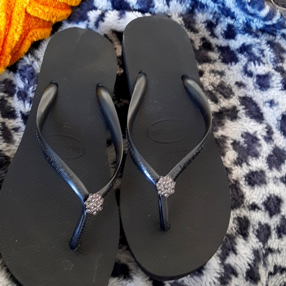 Womens wedge Sandals Havaianas black Rhinestone shoes flip Flops - Picture 1 of 4